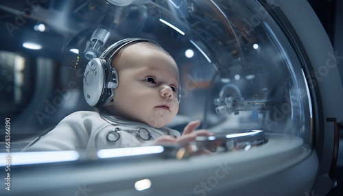 A baby in a futuristic incubator, Space nursery.