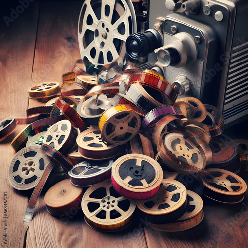 Vintage Old Style Retro Camera Film Presentation Cinema Movie Tape Reels and 16mm Projector Camcorder for Blank Theater Premier Show Screening on Wooden Floor. Movie Video Festival Signs Promotion photo