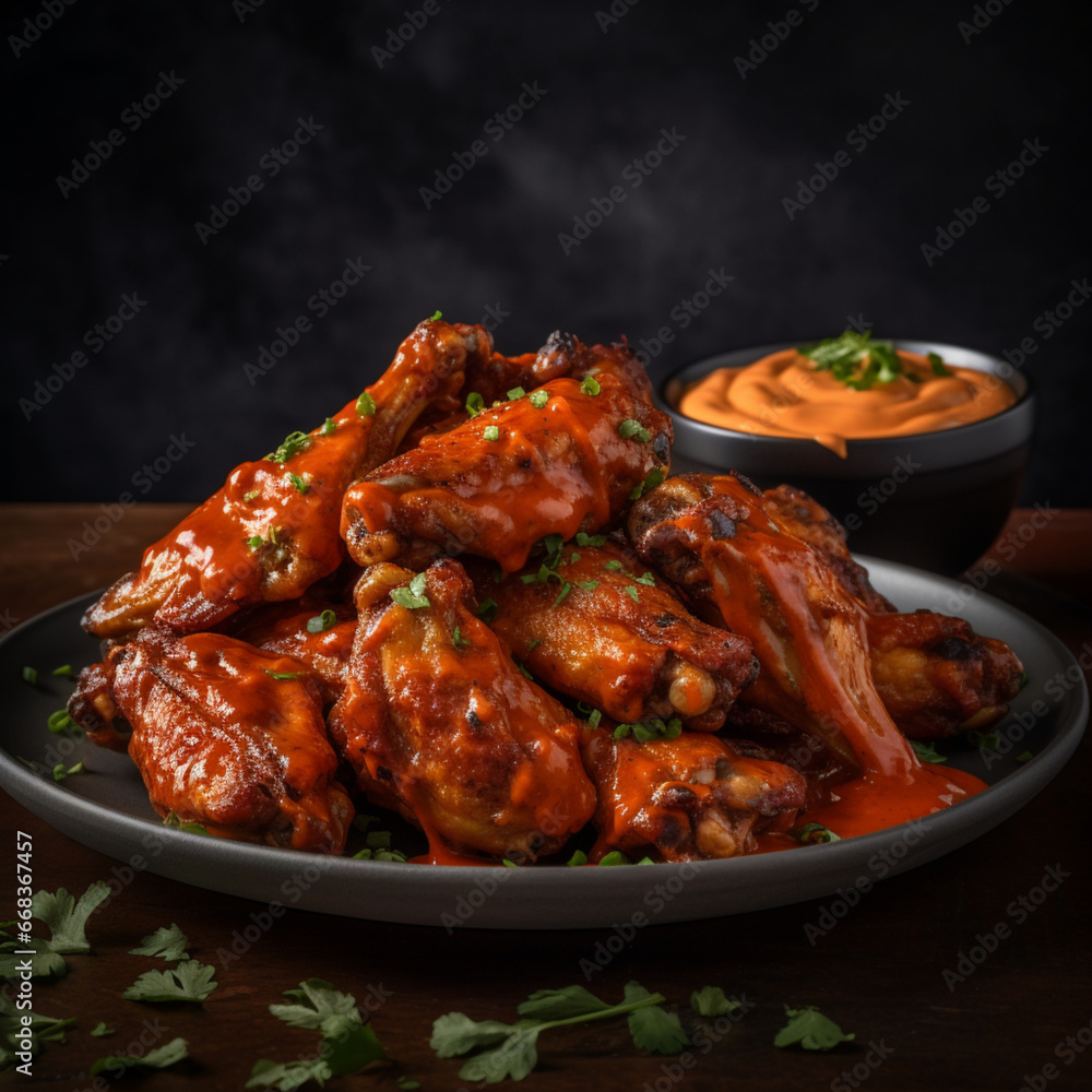 Fondo con detalle y textura de varias alitas de pollo con salsa picante y fondo oscuro