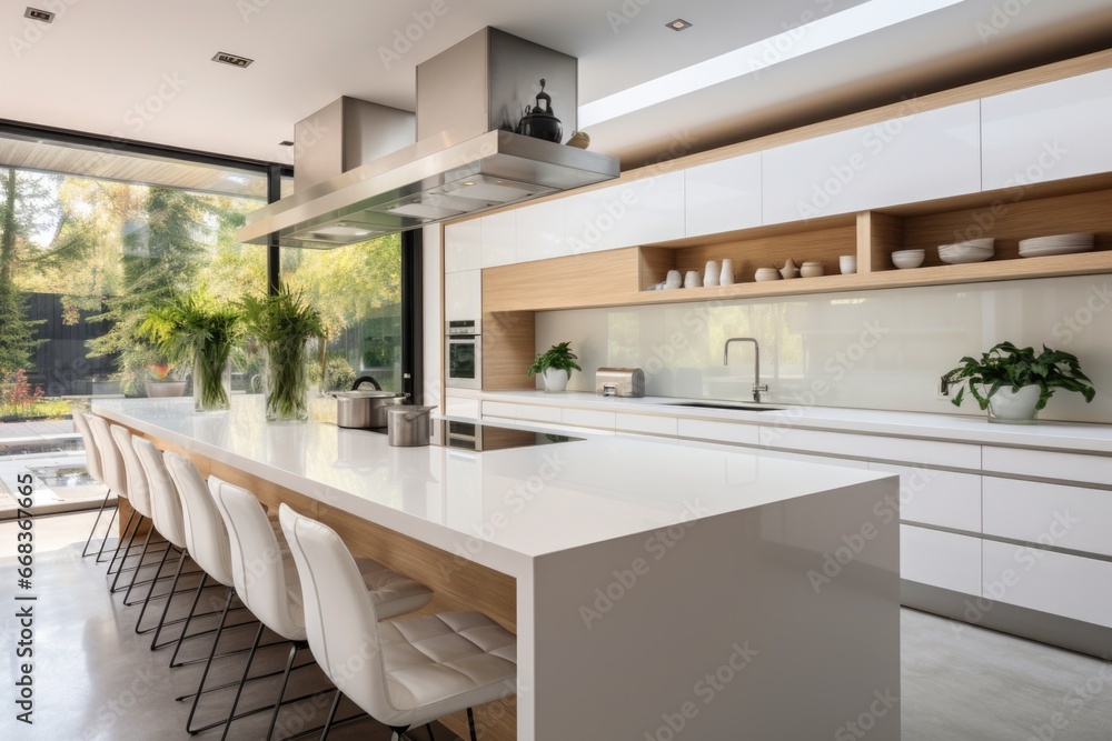 Fototapeta premium interior of modern kitchen with white furniture and dining area, nobody inside