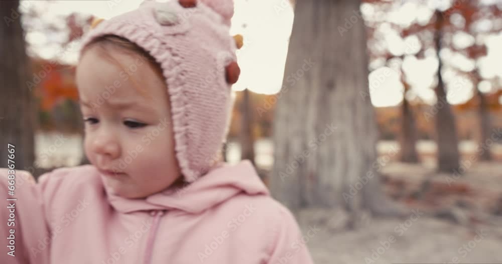 Little child girl gives a twig against the background of Taxodium distichum. Little girl in a autumnal park with rare trees. Little child girl gives a twig against the background of Taxodium distichum. Little girl in a autumnal park with rare trees.