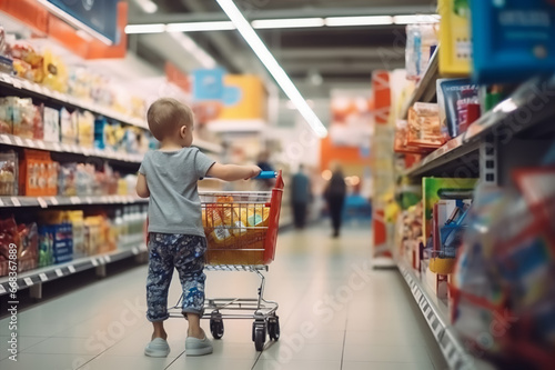 Little boy with supermarket trolley shopping in store near aisles of goods