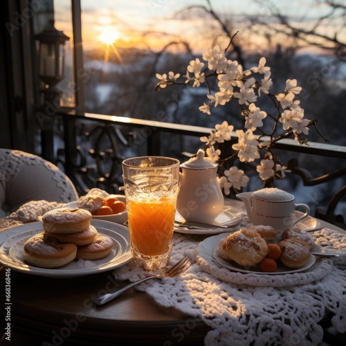 Winter Table With Coffee, Cookies and Orange, Cozy Winter Breakfast