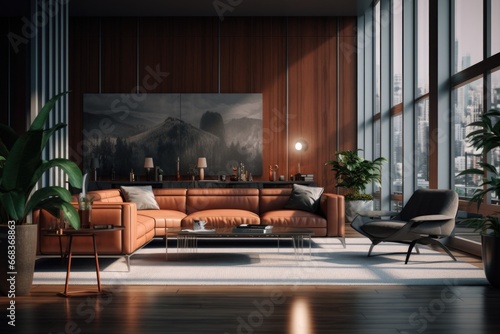 Interior of modern living room with wooden walls  floor  brown leather sofas and coffee table.