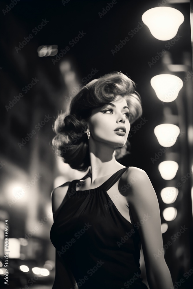Portrait of a beautiful fashionable woman with a hairstyle, in a city street, at night, car, road and moon. Photo in the style of 1960