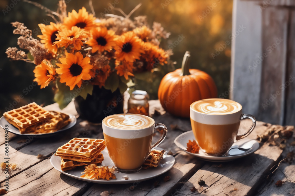 still life of a cup of hot latte and waffers and pumpkins on an old wooden table against the background of beautiful autumn nature at sunset, decoration for Halloween still life of a cup of hot latte and waffers and pumpkins on an old wooden table against the background of beautiful autumn nature at sunset, decoration for Halloween