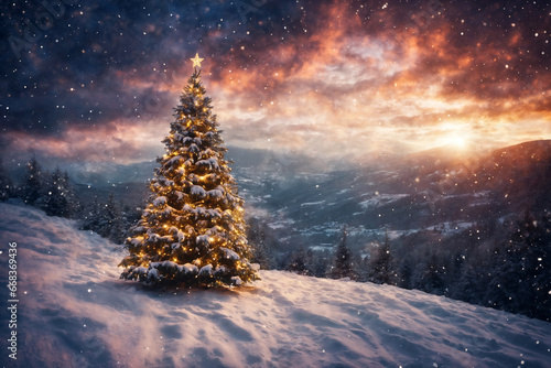 Christmas tree in a winter forest, decorated with garlands and lights, snow covered mountains, beautiful nature at sunset © soleg