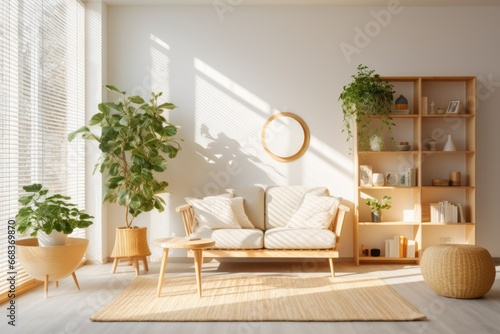 Interior of modern living room with sofa  bookshelf  wooden furniture and green plants.