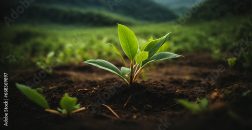 green plant growing from the raw soil