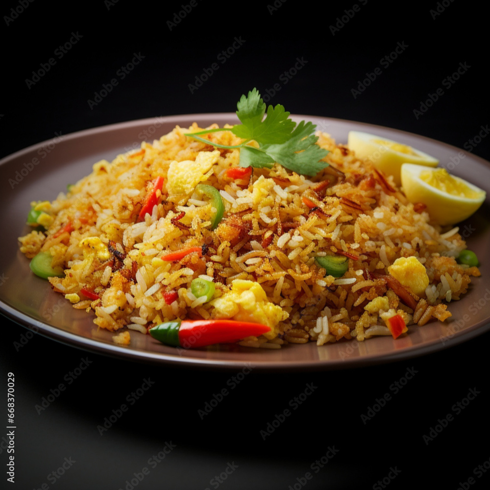 indonesia or singapore fried rice in plate, limbo background, studio color indonesia or singapore fried rice in plate, limbo background, studio color