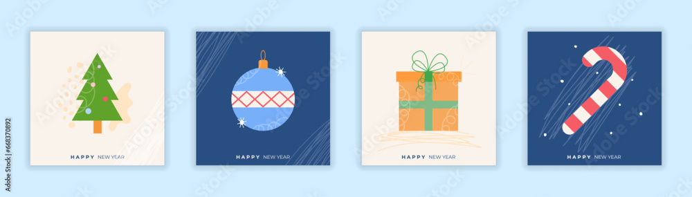Merry Christmas and Happy New Year. Set of minimalistic vector illustrations for background, greeting card, party invitation card, website banner. Hand drawing cover. Vector illustration