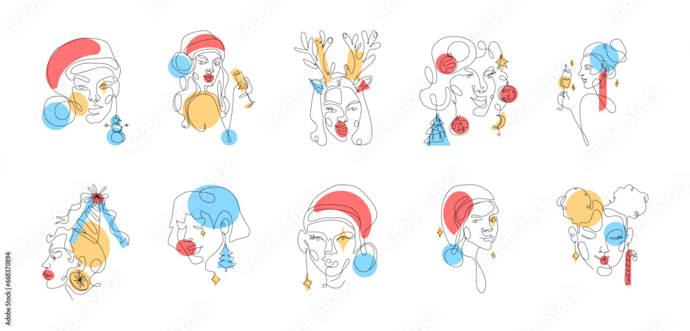 Modern abstract line minimalistic women faces arts set with different shapes for wall decoration, postcard or brochure cover design. New year woman faces. One line art. Vector illustrations design Modern abstract line minimalistic women faces arts set with different shapes for wall decoration, postcard or brochure cover design. New year woman faces. One line art. Vector illustrations design