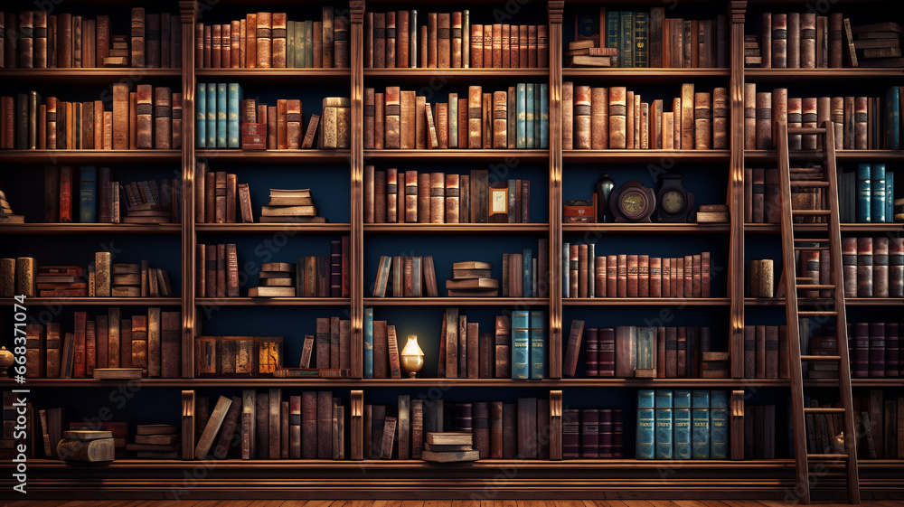 An antique library with high shelving units. Generative AI An antique library with high shelving units. Generative AI