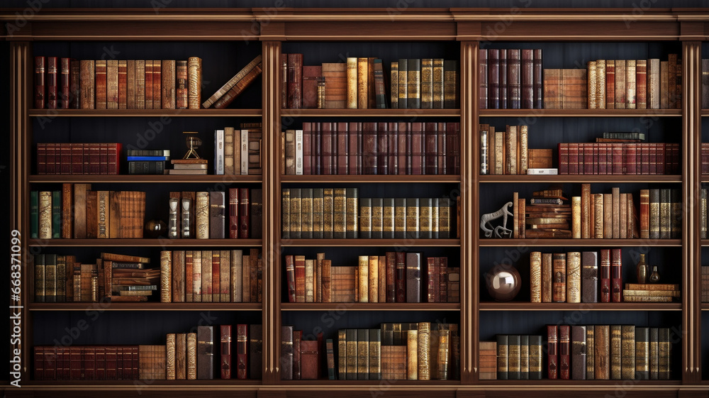 An antique library with high shelving units. Generative AI - obrazy, fototapety, plakaty 