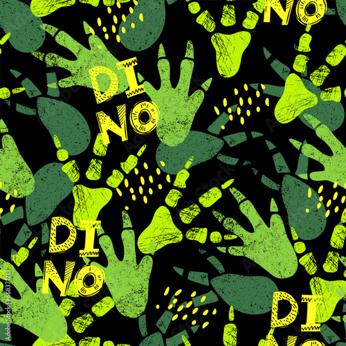 Dinosaur footprint tracks. Grunge 
 abstract seamless pattern. Background with paw, claw predator. Print illustration perfect for textile, wrap and wallpaper and design