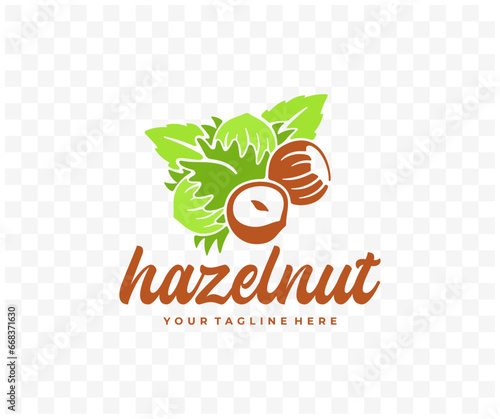 Hazelnut, filbert, cobnut, nut, leaves and plant, graphic design. Nutty, food, meal, nature, fruit, kernel, eating and eat, vector design and illustration