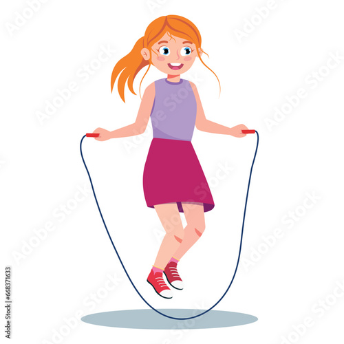 Vector illustration of a sporty girl jumping on a rope. Cartoon scene with a beautiful, smiling red-haired girl wearing a t-shirt, skirt and sneakers jumping rope isolated on a white background.