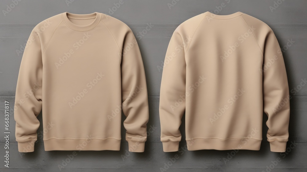 Two sweatshirts beige colors on a one color background. Mock up. Blank for creating promotional products with prints and logo - obrazy, fototapety, plakaty 