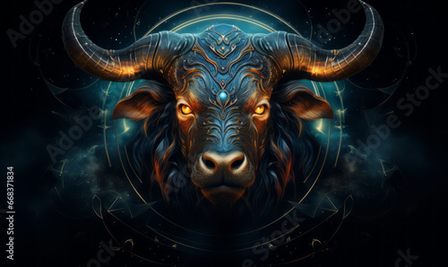 Astrological Sign of Taurus, mask of the zodiac, bull with a blue light on its horns, taurus sing in horoscope, animal panorama. © MD Media
