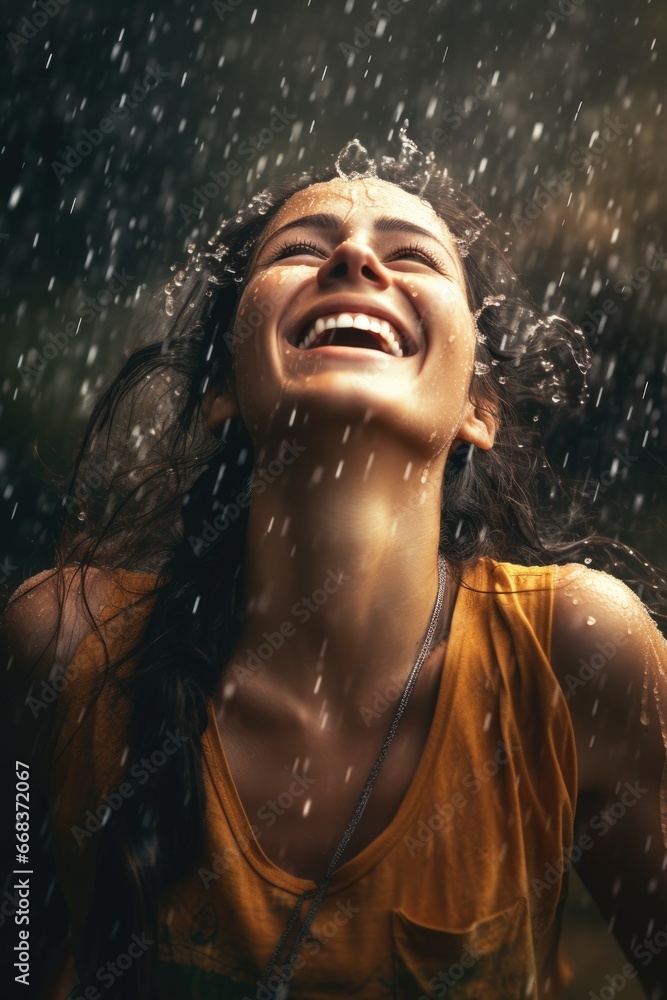 A happy free woman in the rain. looking up. Black wet hair. Orange tank top shirt. 
