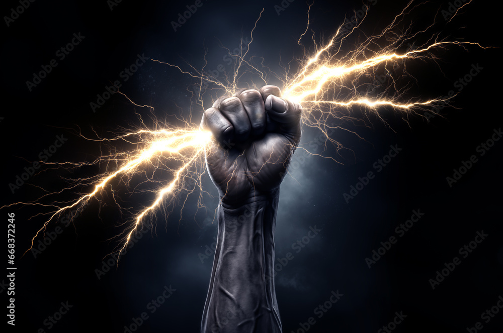 Hand holding up a lightning bolt. Energy and power. Stormy background. Blue glow. Zeus, thor.   - obrazy, fototapety, plakaty 