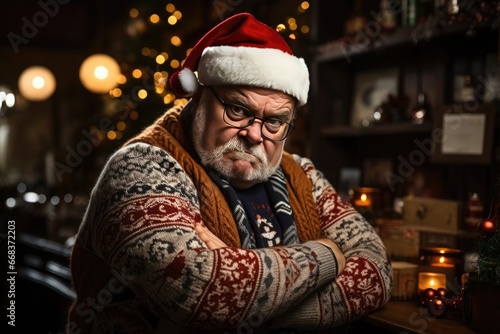 Senior fat man dressed in christmas clothes and hat. Serious face and arms crossed