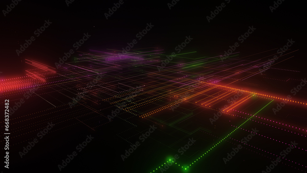 3D rendering of a digital neon mesh made of bright lines and dots 3D rendering of a digital neon mesh made of bright lines and dots