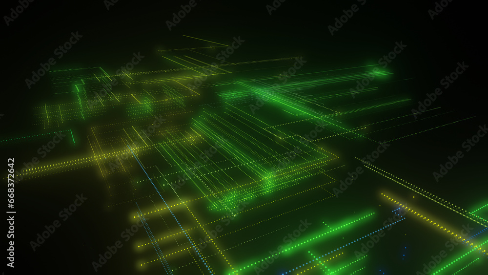 3D rendering of a digital neon mesh made of bright lines and dots 3D rendering of a digital neon mesh made of bright lines and dots