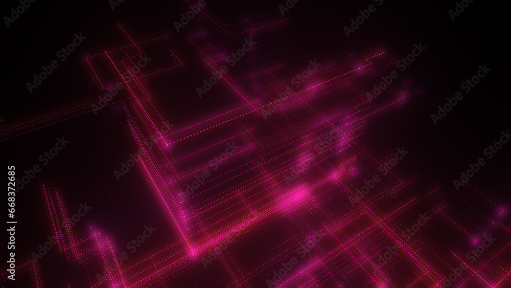 Obraz premium 3D rendering of a digital neon mesh made of bright lines and dots