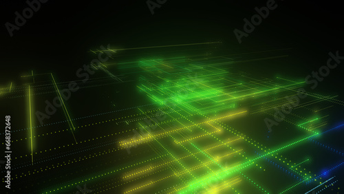 Fototapeta Naklejka Na Ścianę i Meble -  3D rendering of a digital neon mesh made of bright lines and dots