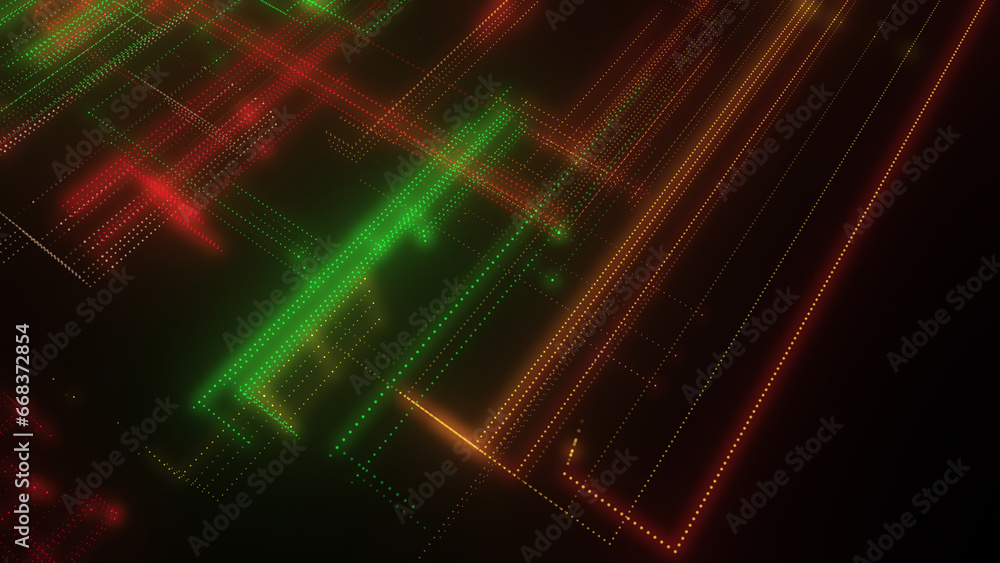 3D rendering of a digital neon mesh made of bright lines and dots 3D rendering of a digital neon mesh made of bright lines and dots