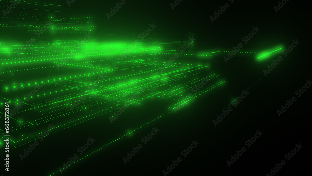 3D rendering of a digital neon mesh made of bright lines and dots