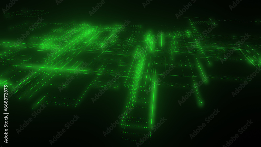 3D rendering of a digital neon mesh made of bright lines and dots