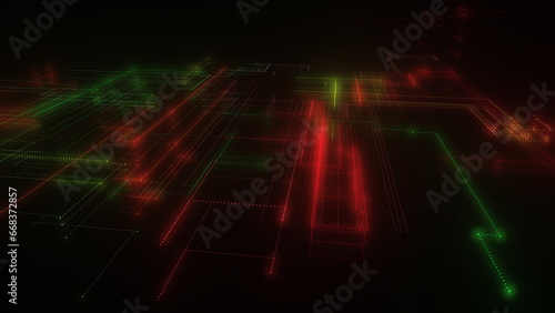 3D rendering of a digital neon mesh made of bright lines and dots