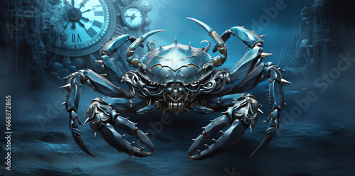 A cybernetic spider crab with rotating mechanical legs, robotic, cybersecurity, cyber threat, Malware attack