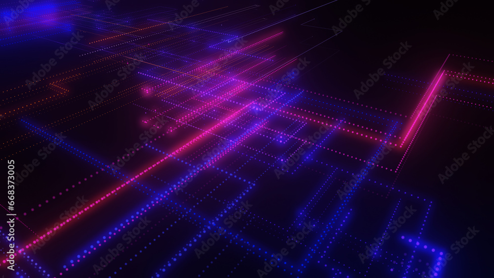 3D rendering of a digital neon mesh made of bright lines and dots 3D rendering of a digital neon mesh made of bright lines and dots