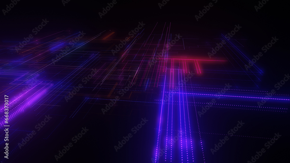 3D rendering of a digital neon mesh made of bright lines and dots 3D rendering of a digital neon mesh made of bright lines and dots