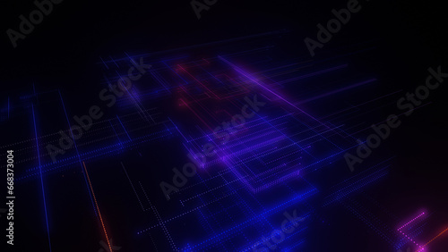 3D rendering of a digital neon mesh made of bright lines and dots
