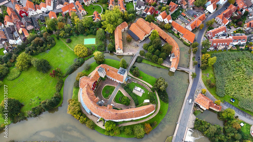 Aerial drone view water castle Wasserschloss Burgsteinfurt Steinfurt, North Rhine-Westphalia, Germany photo