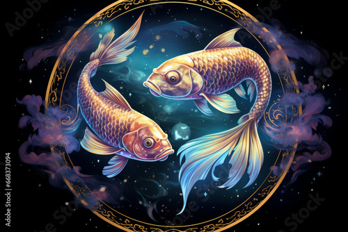 Pisces zodiac sign against space nebula background. Astrology calendar. Esoteric horoscope and fortune telling concept. photo