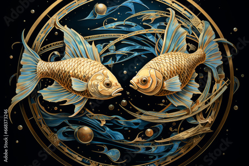 Pisces zodiac sign against space nebula background. Astrology calendar. Esoteric horoscope and fortune telling concept. photo