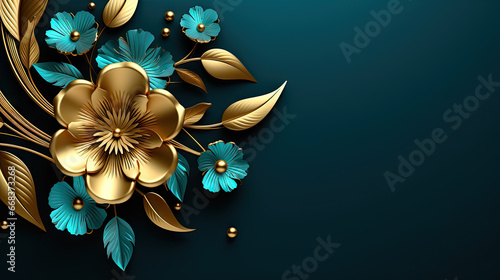 abstract gold and blue floral pattern background, generative ai