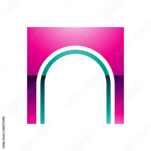 Magenta and Green Glossy Arch Shaped Letter N Icon