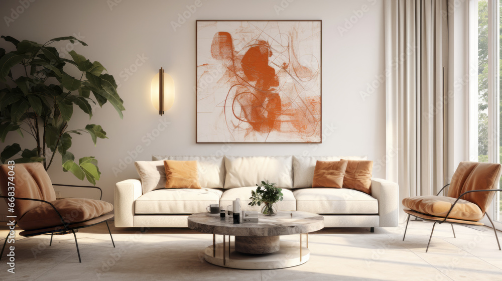 Obraz premium Stylish Living Room Interior with a Frame Poster Mockup, Modern Interior Design, 3D Render, 3D Illustration