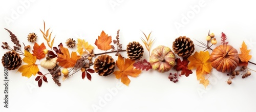 Fall themed arrangement featuring various natural elements like flowers leaves acorns pine cones and star anise arranged in a flat lay style with a top down view and room for text