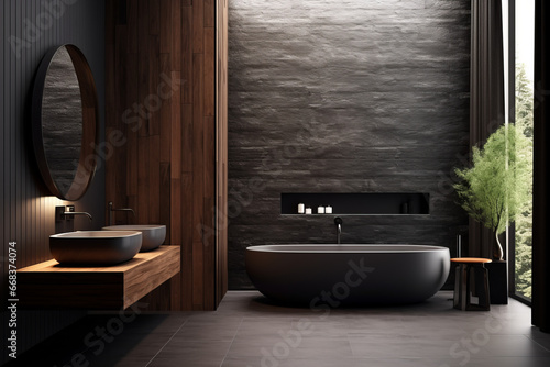 Bathroom, washroom Mockup, with Towel on fern with candles and black hot stone on wooden background. Hot stone massage setting lit by candles