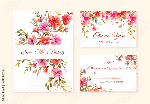 Watercolor Wedding invitation with wild flowers, thank you and rsvp cards, vector template.