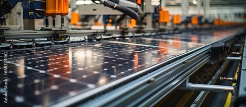 Robotic arm in bright factory assembling solar panels on conveyor in automated manufacturing facility