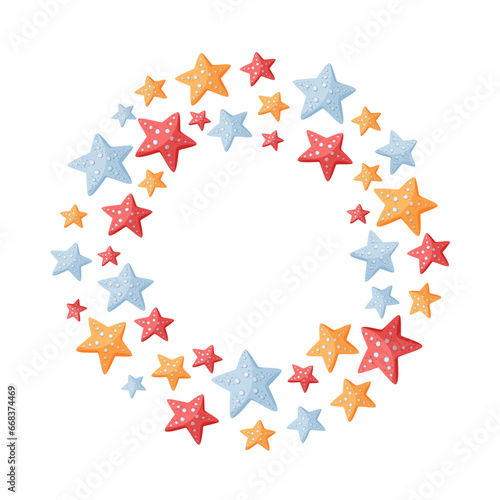 Decorative round frame with colorful starfish isolated on white. Round wreath with copy space for text, for postcards, nautical party invitations, poster, card, flyer. Cartoon vector illustration.