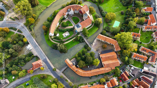Aerial drone view water castle Wasserschloss Burgsteinfurt Steinfurt, North Rhine-Westphalia, Germany